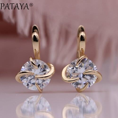 PATAYA New Round Big Natural Zircon Drop Earrings 585 Rose Gold Unique Hyperbole Curve Earring Women Simple Fine Fashion Jewelry
