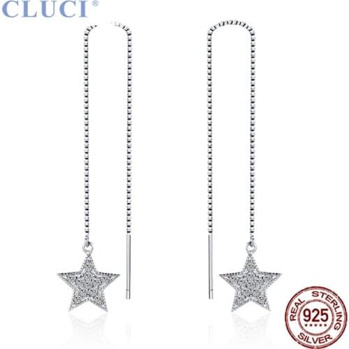 CLUCI Real 925 Silver Earrings Jewelry For Women fashion Star Dangle Earrings FIne Jewelry DE006SB