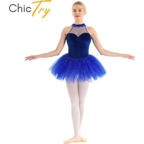 ChicTry Adult Sleeveless Velvet Sequins Mesh Professional Tutu Ballet Dress Gymnastics Leotard Women Performance Dance Costume