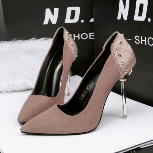 Fashion Rivet Pointed Shallow Mouth Pumps Horsehair Shallow Mouth High Heels Stiletto Sexy Thin All-match Ladies Party Shoes
