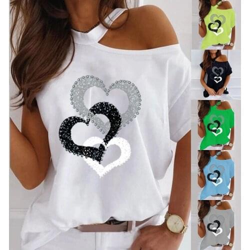 Womens Sexy T-shirt Summer Love Print Tops Fashion Hollow Out Short Sleeves Tee Ladies Street Casual Off Shoulder Plus Size