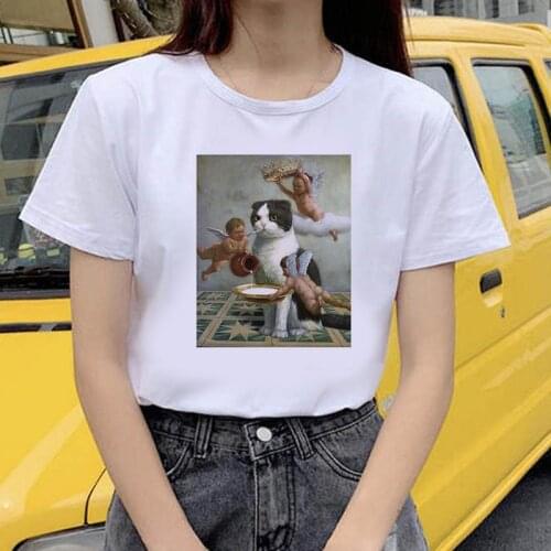 2020 Summer Women T-shirt Oil paintings of cat Printed Tshirts Casual Tops Tee Harajuku 90s Vintage White tshirt Female Clothing