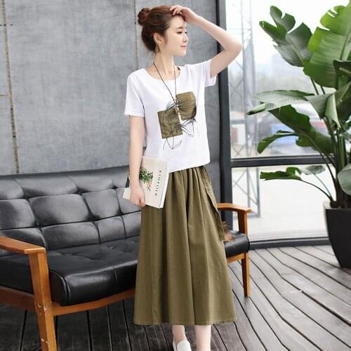 2021Summer Women Set Mid-Length Big Swing Skirt Two-Piece Suit Printed Short-Sleeved T-Shirt High-Quality Fabric Outfit Female