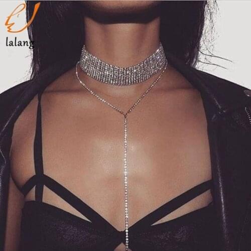 Women Multi Row Full Crystal Wedding Party Prom Christmas Long Necklace Sexy Gold Rhinestone Statement Chocker