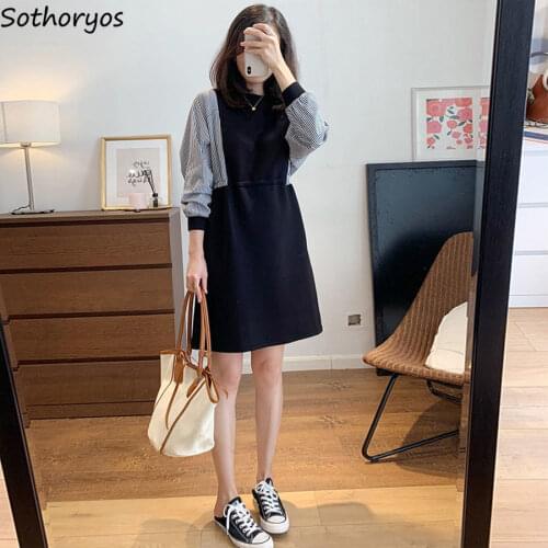 Women Long Sleeve Dress Patchwork Vertical Stripes Fashion Mini Dresses Loose High Waist Womens Korean Style Ulzzang Harajuku