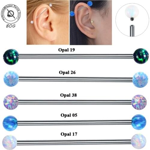1PC Surgical Steel Industrial Barbell Piercings 4mm&5mmOpal Stone Industrial Earrings Tragus Ear Gauge Body Jewelry Piercing 14g
