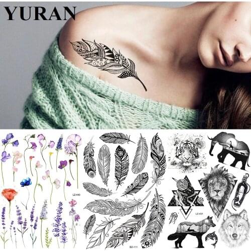 3D Clavicle Feather India Leaves Tattoos Temporary Realistic Body Art Arm Tattoo Sticker Custom Water Transfer Tatoos Neck Paper