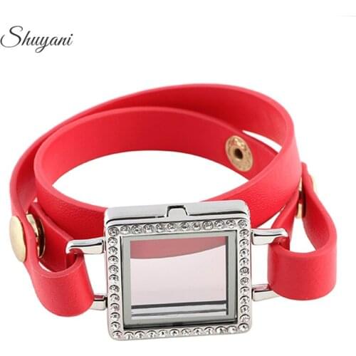 5PCS/lot Top Selling Colorful Wrap Leather Bracelet with Floating Rhinestone Memory Glass Lockets Pendant