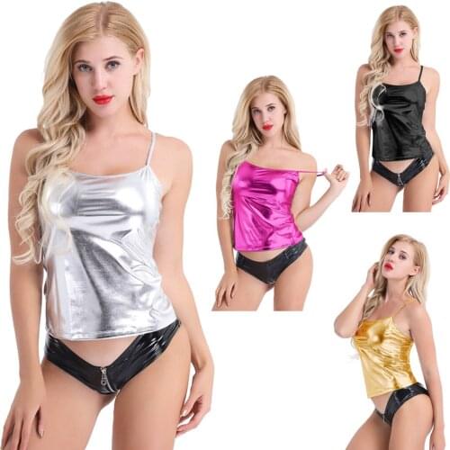 Women Femme Girls Shiny Leather Tank Metallic Vest Top Sleeveless Moto Dance Latex Pole Rave Performance Costume Clubwear