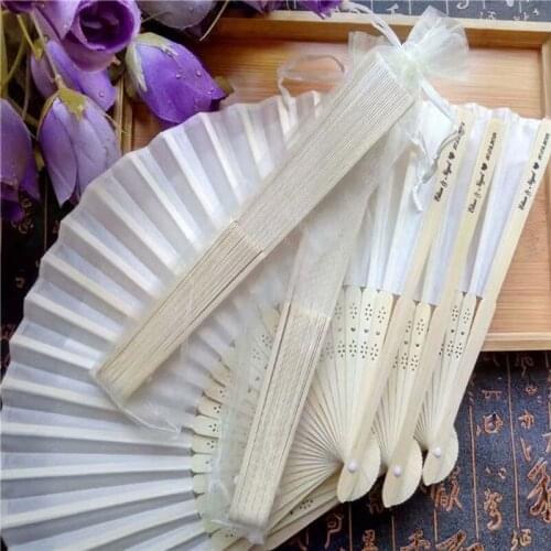Big offer 50pcs / lot white folding elegant silk fan with gift bag wedding and party 21cm