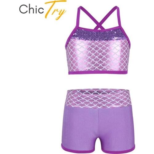 ChicTry Kids Teens Sequins Tankini Mermaid Scales Stage Dance Costume Children Girls Gymnastics Ballet Crop Top with Shorts Set
