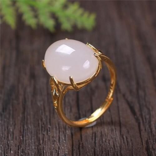 Natural Hetian White Jade Egg Ring New Female Ring S925 Silver Gold Plated Hetian Jade Ring