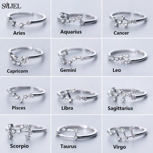 925 Sterling Silver Elegant Zodiac Sign Finger Rings for Women Adjustable CZ Zircon Ring 12 Constellation Jewelry Female Gift