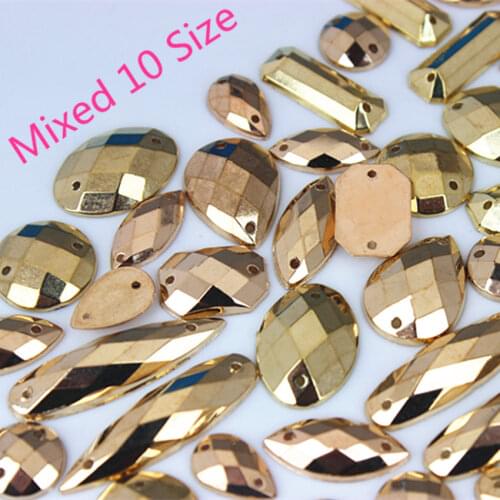 Micui 100PCS Mix Shape Size Golden Acrylic Rhinestones Flat Back Crystals Stones Sewing Crystals Strass For Clothes Crafts MC225