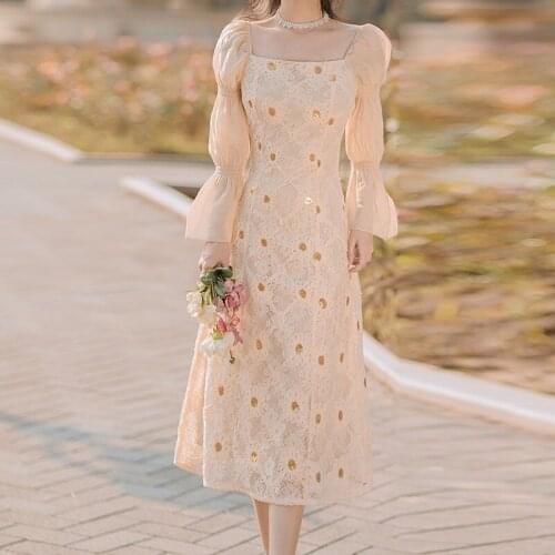 Lace Sequin Embroidery Vintage French Party Full Midi Dress Women 2021 Sexy Slim Female Fashion Lady Casual Formal Dinner Dress