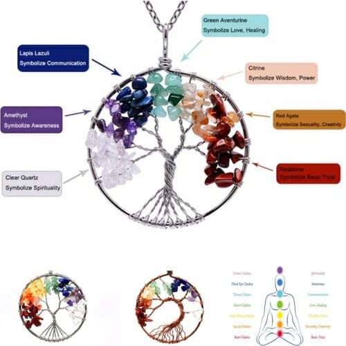 Natural Crystal Stone Tree of Life Lucky Reiki Healing Pendant Seven Chakra Crystal Necklace Christmas Accessories Gifts Decor