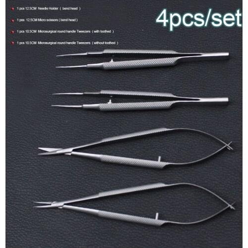 New 4pcs/set ophthalmic microsurgical instruments 12.5cm scissors+Needle holders +tweezers stainless steel surgical tool