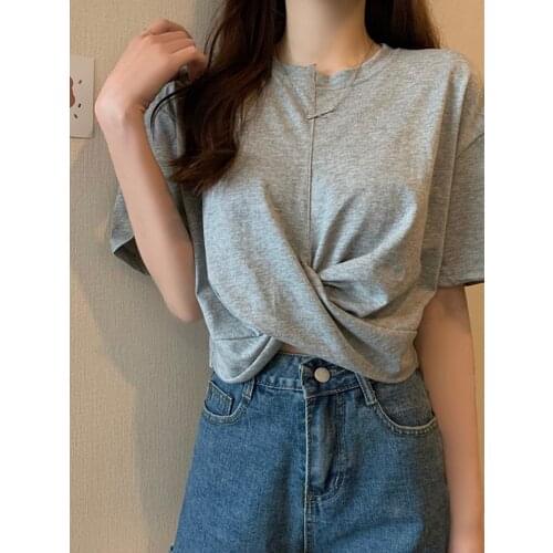 2021 Summer New Short-sleeved T-shirt Women Small Niche Design Cross Loose Korean Irregular Top