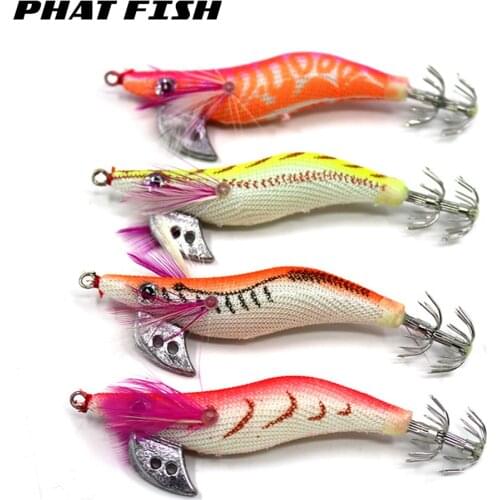 PHAT FISH 4pcs 85mm 7.3g Squid Jigs 3.34in/0.26oz Fishing Saltwater Wrapped Prawn Lures Wood Shrimp Artificial Baits Kits