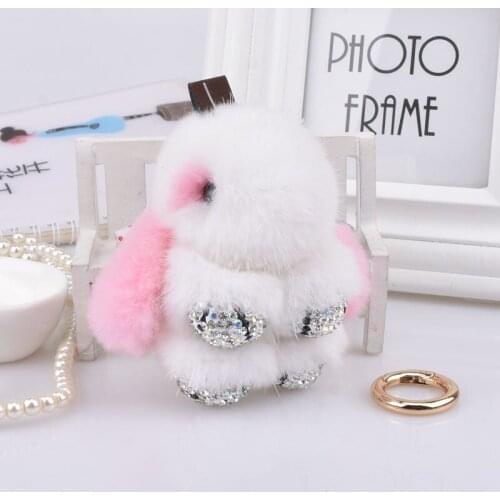 With drill Mink Fur rabbit key chain craft fashion Fur bunny key ring bag Car Pendant gift charm component accessory keychain