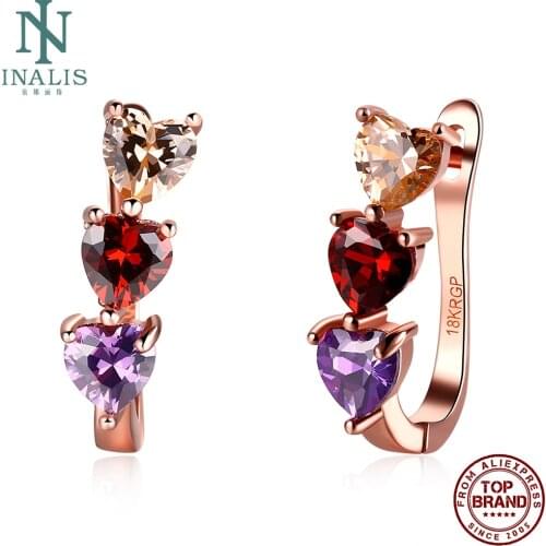 INALIS Stud Earrings For Women Romantic Trend Inlay Three Color Heart Zirconia Festival Birthday Gift Fashion Jewelry Hot Sale