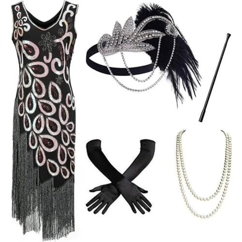 Peacock Pattern Tassel Party Dress Bead Banquet Toasting Evening Dress 1920s Vintage Sequin Prom Gown With Accessories