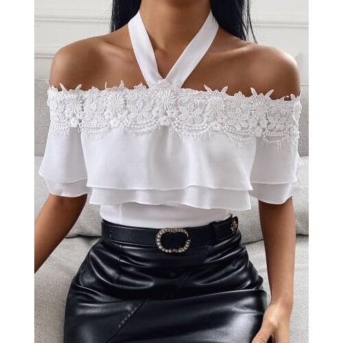2020 Women Halter Floral Pattern Ruffles Hem Blouse Solid Patchwork Casual Elegant Lady Sexy Summer Top White Clothing