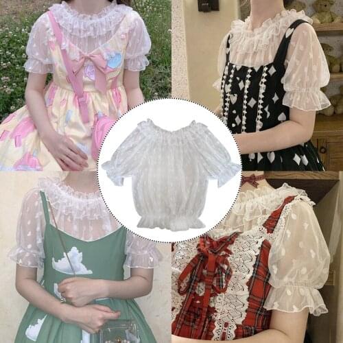 Women Summer Japanese Lolita Shirt Transparent Lace Mesh Chiffon Shirts Puff Sleeves Doll Collar Elegant Inside Lace Lolita Tops