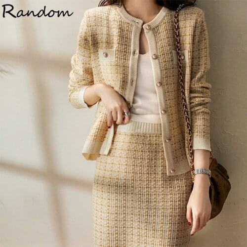 Fall Winter 2020 New Women Tweed Office Suit Single Buttons Breasted Cardigans Coat Top And High Waist Mini Skirt Knit 2PCS Sets