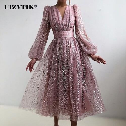 Sexy Deep V Neck Mesh Bronzing Long Evening Wedding Party Dress Women 2021 Autumn Elegant Long Lantern Sleeve High Waist Dresses