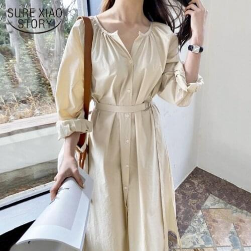 New Women Spring Summer Dresses Lace Up Casual Buttons Fashionable O-neck Vintage Oversize Long Dress Apricot Robe Femme 13285