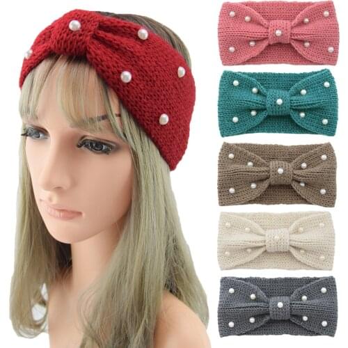 Donarsei Winter Warm Woolen Headband For Women Elastic Handmade Pearl Solid Color Knitted Bowknot Turban Bandage Bandanas