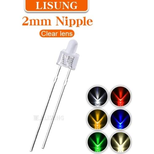 1000pcs/Bag 2mm Led Pacifier Type Red Yellow Green Bule Warm White Water Clear Lens Big Wide Angle Light Diodes Indicator Light