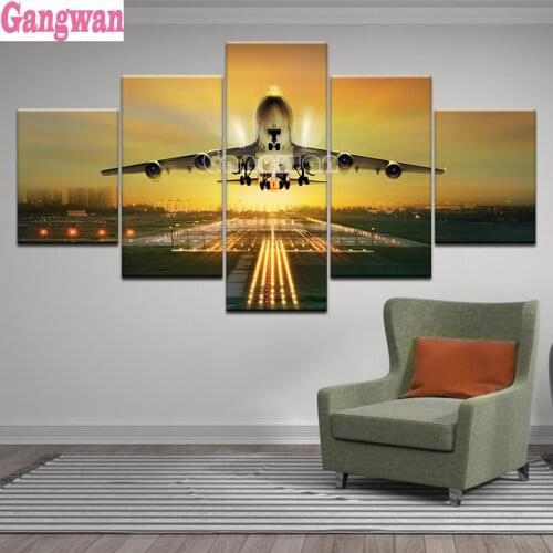 5 Pcs Sunset Lights Airplane Lawn diamond Painting full square round diamond embroidery mosaic crystal Art Aircraft Home Decor