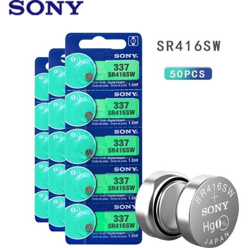 50pc Sony Original 337 SR416SW 1.55V Silver Oxide Watch Battery SR416SW 337 LR416 SB-A5 Button Coin Cell MADE IN JAPAN