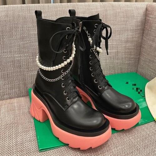 Thick Heel Boots Women Shoes 2021 Autumn Winter Martin Boots Motorcycle Boots Genuine Leather Mixed Colors Fashion Botas Mujer