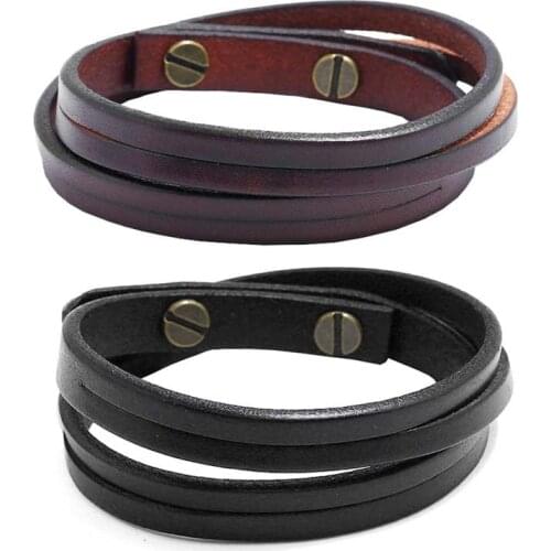 KIirykle Simple Double-deck Leather Bracelets&Bangles For Men Punk brown/Black Wristband Cuff Jewelry boy Gift