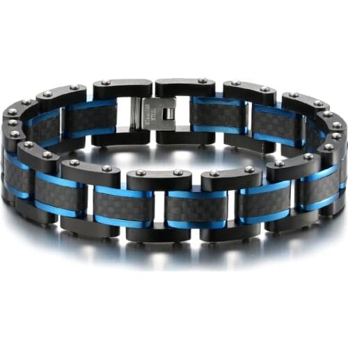 Handmade Jewelry Design Mens Solid Carbon Fiber 15mm Width Stainless Steel Blue Black Contrast 3 Row Bracelet Chain 8.5inch