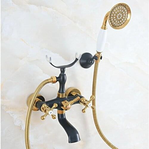 Black Gold Color Brass Wall Mount Bathroom Tub Faucet Dual Cross Handles Telephone Style Hand Shower Clawfoot Tub Filler ana530