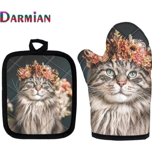 DARMIAN Creative 3D Cat with Flower Print Kitchen Oven Mitts Cooking Tool Microwave Skid Gloves Anti Scalding Potholder Padded