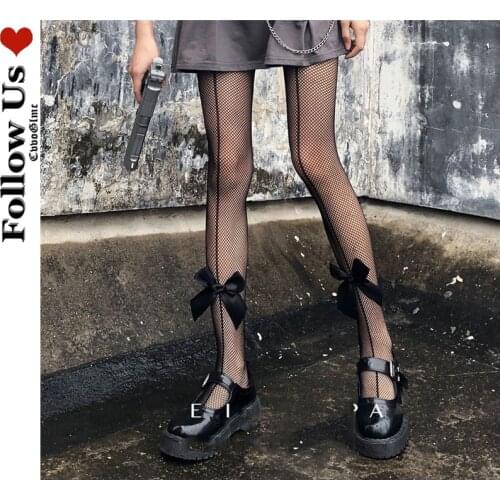 Gothic Bow Fishnet Stockings Women Harajuku Black Sexy Bottoming Pantyhose Sexy Breathable Beautiful Legs Mesh Tights Woman
