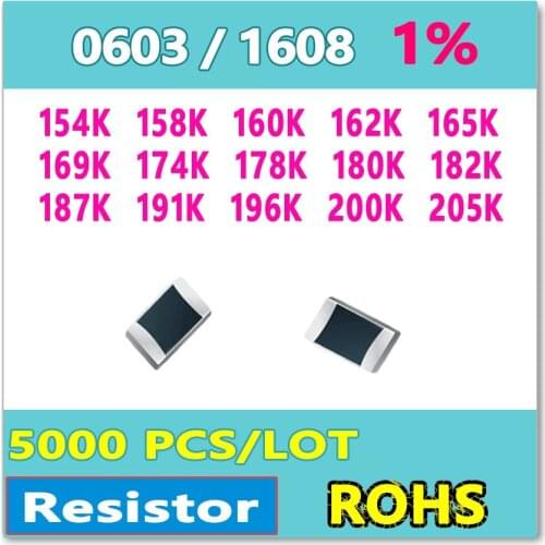 JASNPROSMA OHM 0603 F 1% 5000pcs 154K 158K 160K 162K 165K 169K 174K 178K 180K 182K 187K 191K 196K 200K 205K smd 1608 Resistor