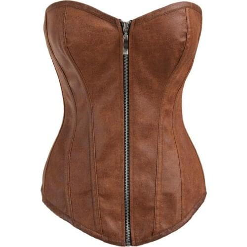 Sexy Brown Faux Leather Zipper Corset Steampunk Korsett For Women Shapewear Gothic Clothing Burlesque Corsets And Bustiers Tops