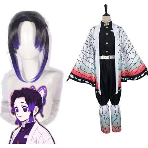 Kochou Shinobu Cosplay Costume Demon Slayer Kimetsu no Yaiba Kimono and Wigs Headwears Adult Unisex Halloween Costume