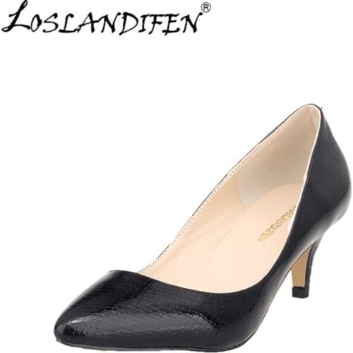 LOSLANDIFEN New Fashion Pointed Toe Women Pumps Ladies Med Heel Shoes Crocodile High Heels Wedding 678-1XEY