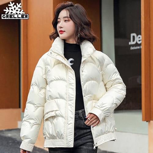 GRELLER Fashion Winter Coat Thick Warm Short Parkas Women Winter Coat Elegant Shinny Cotton Stand Collar Winter Jackets Women