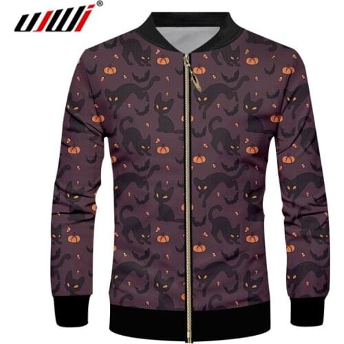 UJWI Man Black Yellow Stitching Zipper Sports Coat 3D Printed Halloween Theme Cat And Pumpkin New Recommend Zip Jacket