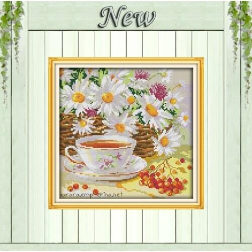 Afternoon tea coffee flowers Daisy painting counted printed on canvas DMC 11CT 14CT kits Cross Stitch embroidery needlework Sets
