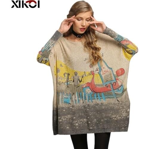2021 New Romantic LOVE Story Print Knitted Sweater Women Oversized Pullover Autumn Pull Femme Long Sweater Dress Batwing Sleeve