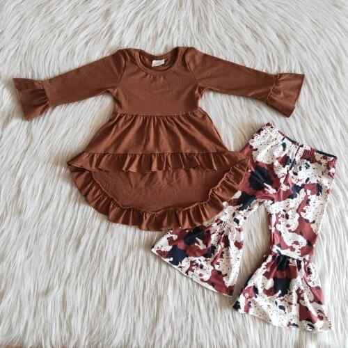 Tie-dye print girls fall outfit tie-dye bell bottomed pants solid color top personality girl fashion 2-piece set